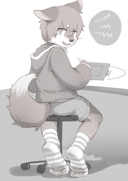5_toes annoyed anthro bottomwear circle_eyebrows clothed clothing cute_fangs desk dirty dirty_clothing dirty_socks drawing drawing_tablet eyebrow_through_hair eyebrows fangs feet foot_fetish foot_focus footwear fox_tail furniture hair hoodie inside legwear looking_at_viewer looking_back male messy_hair open_mouth pattern_clothing pattern_legwear pawpads paws shorts sock_fetish socks solo striped_clothing striped_legwear striped_sock stripes table tail teeth toes topwear translucent translucent_clothing translucent_footwear translucent_hair translucent_legwear translucent_socks young young_anthro young_male teien canid canine canis fox mammal absurd_res full-length_portrait greyscale hi_res monochrome portrait