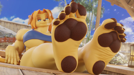 5_fingers 5_toes barefoot black_pawpads blonde_hair breasts claws curling_toes feet female fingers foot_fetish foot_focus fur hair humanoid_feet humanoid_hands pawpads plantigrade plantigrade_pawpads soles solo teasing toe_claws toes wrinkled_feet wrinkles yellow_body yellow_fur chutos valorlynz_(modeler) dog_knight_rpg jeane_(ceehaz) bird_dog canid canine canis domestic_dog golden_retriever hunting_dog mammal retriever 16:9 3d_(artwork) digital_media_(artwork) hi_res widescreen