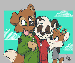 anthro black_nose blue_clothing blue_topwear brown_body brown_fur brown_tail closed_smile clothed clothing cloud dipstick_tail eyes_closed front_view fur green_clothing green_eyes green_jacket green_topwear grey_clothing grey_topwear group hug jacket logo male markings mouth_closed pink_tongue red_clothing red_jacket red_topwear smile tail tail_markings tongue tongue_out topwear trio white_body white_fur young young_anthro young_male pandapaco darwin_(tinydeerguy) matt_riskely parinton bear canid canine canis deer domestic_dog giant_panda mammal artist_logo signature