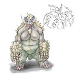 anthro big_breasts black_sclera blue_body breasts claws eyelashes eyes_closed fangs featureless_breasts featureless_crotch female food front_view fur green_body green_fur grey_body grey_scales holding_food holding_object honey_(food) huge_breasts navel open_mouth overweight overweight_female pink_claws question_mark red_eyes scales simple_background solo teeth text thick_thighs tongue tongue_out white_background wide_hips yellow_body yellow_fur ketsuneko capcom monster_hunter arzuros primatius 1:1 hi_res