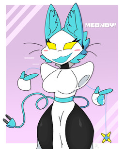 anthro breasts dialogue female floating_hands gesture hand_gesture machine pointing pointing_at_another solo text thick_thighs wide_hips nebula64 deltarune undertale_(series) tasque_manager felid feline humanoid mammal robot absurd_res english_text hi_res