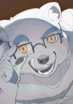 5_fingers amber_eyes amber_pupils anthro black_pawpads brown_background claws eyebrows eyewear fangs finger_claws fingerpads fingers fur glasses grey_eyebrows holding_eyewear holding_glasses holding_object inner_ear_fluff licking licking_lips light_body light_fur looking_at_viewer male open_mouth open_smile pawpads pupils rectangular_glasses ringed_iris self_lick simple_background smile smiling_at_viewer solo teeth thick_eyebrows tongue tongue_out tuft wearing_glasses white_sclera chiayeeee bear mammal 2024 absurd_res bust_portrait chromatic_aberration digital_drawing_(artwork) digital_media_(artwork) hi_res portrait