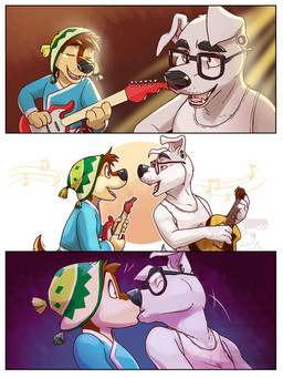 acoustic_guitar anthro duo electric_guitar guitar kiss_on_lips kissing male male/male musical_instrument playing_guitar playing_music plucked_string_instrument string_instrument surprise_kiss eclipticafusion animal_crossing nintendo rock_dog bodi_(rock_dog) k.k._slider canid canine canis domestic_dog mammal 3:4 comic crossover hi_res