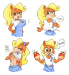 accessory anthro big_breasts blonde_hair breasts clothed clothing eyebrows eyelashes fake_breasts female flower flower_in_hair food fruit green_eyes hair hair_accessory heart_eyes heart_symbol humor joke midriff navel plant ponytail simple_background small_breasts solo text tongue tongue_out under_boob white_background wumpa_fruit popon13 squidapple third-party_edit activision crash_bandicoot_(series) coco_bandicoot bandicoot mammal marsupial