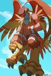 abs anthro beak blonde_hair brown_body brown_feathers claws feathers feet hair male mask muscular muscular_anthro pecs solo talons toes wings akitoinusu bandai_namco digimon digimon_(species) garudamon absurd_res hi_res