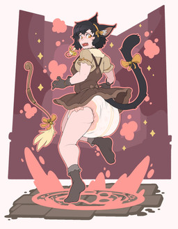 accessory big_diaper black_body black_fur black_hair blush bow_ribbon broom cleaning_tool clothing diaper dress female footprint footwear fur gloves hair hair_accessory handwear looking_back magic magic_circle markings open_mouth orange_eyes pacifier pawprint pawprint_(marking) poof poof_effect ribbons simple_background socks solo sparkles wetness_indicator bubblepuppers animal_humanoid domestic_cat felid feline felis humanoid mammal hi_res