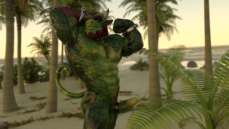 accessory anthro beach beard cock_ring cuff_(restraint) erection facial_hair flexing flexing_bicep flexing_both_biceps genitals horn humanoid_genitalia humanoid_penis jewelry male nipple_piercing nipple_ring nipples nude penis penis_accessory penis_jewelry piercing restraints ring_piercing seaside shackles slave solo submissive submissive_male tail darkviperbara mythology doroku bovid bovine cattle dragon hybrid mammal mythological_creature mythological_scalie reptile scalie 16:9 3d_(artwork) digital_media_(artwork) widescreen
