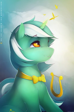 bow_(feature) bow_tie cutie_mark female feral fur green_body green_fur group hair heart_catchlight heart_symbol horn levitation lyre magic multicolored_hair musical_instrument plucked_string_instrument smile solo_focus string_instrument two_tone_hair antiander friendship_is_magic hasbro my_little_pony mythology lyra_heartstrings_(mlp) ambient_arthropod ambient_butterfly ambient_flier ambient_insect arthropod butterfly equid equine insect lepidopteran mammal mythological_creature mythological_equine unicorn 2014 absurd_res hi_res