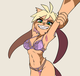 anthro blonde_hair bow_panties bow_underwear bra breasts clothing female green_eyes hair lace_bra lace_lingerie lace_panties long_ears looking_at_viewer markings medium_breasts mischievous_smile navel panties raised_arm short_hair smile solo tail tan_body underwear senorkah nazuret_kheilafi zeikauko hi_res