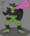 anthro black_body black_fur bodily_fluids fur genital_fluids genitals green_body green_fur humanoid_genitalia humanoid_penis male muscular muscular_anthro muscular_male nude penis precum solo toxic_chain cybeeyoru nintendo pokemon canid canine generation_9_pokemon legendary_pokemon mammal okidogi pokemon_(species) 5:6 absurd_res hi_res