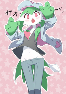 blush bottomwear clothing denim denim_bottomwear denim_clothing female flat_chested hat headgear headwear jacket jeans midriff not_furry open_mouth pants shirt simple_background solo tank_top topwear m3_(pixiv) nintendo pokemon gardevoir generation_3_pokemon humanoid pokemon_(species) hi_res