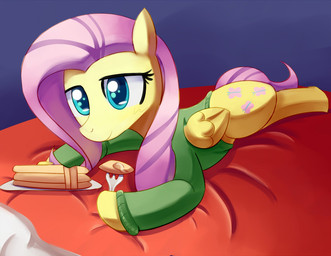 bed blue_eyes clothing cutie_mark cutlery feathered_wings feathers female feral food fork furniture kitchen_utensils looking_at_viewer lying pancake solo tail tools wings yellow_body yellow_feathers negativefox friendship_is_magic hasbro my_little_pony mythology fluttershy_(mlp) equid equine mammal mythological_creature mythological_equine pegasus