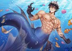 abs air_bubble ambiguous_gender black_hair blue_eyes dorsal_fin eyebrows feral fin group hair heterochromia legless male muscular muscular_male pecs solo split_form tail tail_fin underwater water nemuimori clownfish fish marine merfolk pomacentrid