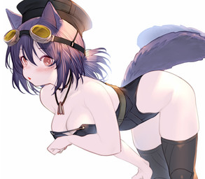 blush breasts clothing eyewear eyewear_on_head female goggles goggles_on_head hair hat headgear headwear leaning leaning_forward looking_at_viewer open_mouth simple_background solo tail white_background gothope arknights hypergryph studio_montagne rockrock_(arknights) animal_humanoid cat_humanoid felid felid_humanoid feline feline_humanoid humanoid mammal mammal_humanoid 2023 hi_res