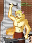 3:4 absurd_res anvil apron arthur_(ckom) bare_chest blacksmith blonde_hair ckom clothed clothing comic dressari felid forge_(disambiguation) glowing hair hammer heat_(disambiguation) hi_res lion male mammal mane muscular pantherine pecs tools topless