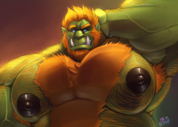 armpit_hair beard big_muscles big_nipples black_nipples blue_eyes body_hair chest_hair facial_hair green_body green_skin hair hairy hand_behind_head huge_muscles humanoid_pointy_ears male male_humanoid muscular muscular_humanoid muscular_male nipples not_furry orange_hair pointy_ears solo tusks vein veiny_muscles komboochie humanoid orc 2016 half-length_portrait portrait