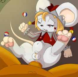 3_toes 4_fingers abdominal_bulge anal anal_penetration animal_genitalia anthro anus balls biped black_nose blonde_hair bodily_fluids bottomless bottomless_male buckteeth claws clothed clothing crying digitigrade duo feet fingers first_person_view fool's_hat forced from_front_position front_view frown genital_fluids genitals hair hat headgear headwear jester lying male male/male male_penetrated male_penetrating male_penetrating_male male_pov missionary_position navel nude on_back orange_body pawpads peeing penetrating_pov penetration penile penile_penetration penis_in_ass rape ridiculous_fit sex sheath short_hair tears teeth toes urine white_body young flying_fox_(artist) ratopia mammal murid murine rat rodent 2024