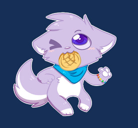 ambiguous_gender anthro blush blush_lines bracelet chibi clothing ears_down eating eating_food feet fluffy fluffy_tail food footwear fur handpaw head_tuft hindpaw jewelry kerchief one_eye_closed pawpads paws pink_blush pivoted_ears pointy_ears prick_ears purple_body purple_fur smile socks solo tail tuft waffle wink ezpups kiya_lina domestic_cat felid feline felis mammal 2014 alpha_channel cool_colors