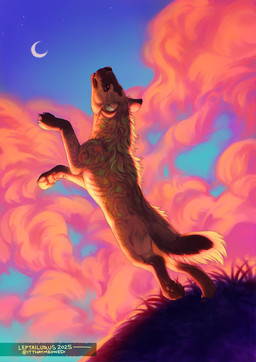 ambiguous_gender claws feral fur grass jumping moon on_hind_legs pawpads plant side_view sky solo tail leptailurus hyena mammal hi_res