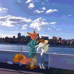 anthro barefoot bottomwear city clothed clothing cloud detailed_background duo eyewear feet fully_clothed fur grey_body grey_fur hat headgear headwear orange_body orange_fur outside pants photo_background shirt sky standing sunglasses topwear water oimotomeru91 disney zootopia judy_hopps nick_wilde canid canine fox lagomorph leporid mammal rabbit red_fox true_fox 1:1 hi_res photography_(artwork)