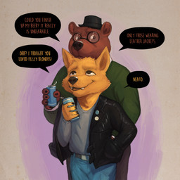 5_fingers alcohol anthro beer beverage beverage_can biped black_clothing black_jacket black_nose black_topwear bottomwear brown_body brown_fur canon_couple claws clothed clothing denim denim_bottomwear denim_clothing dialogue duo eyewear fingers fully_clothed fur glasses grey_background hat headgear headwear humor interspecies jacket jeans leather leather_clothing leather_jacket leather_topwear looking_down looking_up male male/male pants pun romantic romantic_couple simple_background smile speech_bubble standing text topwear yellow_body yellow_fur rov night_in_the_woods angus_delaney gregg_lee bear canid canine fox mammal 1:1 2019 english_text hi_res