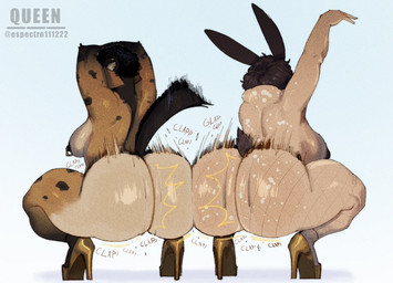 anthro ass_clapping big_breasts big_butt black_hair breasts brown_body brown_fur butt clothing crouching duo female female/female fishnet_clothing fishnet_legwear footwear fur hair high_heels hip_to_hip huge_breasts huge_butt legwear long_ears motion_lines neck_tuft nipple_piercing nipples piercing platform_footwear platform_heels rear_view shoes short_tail tail take_your_pick thick_thighs tuft twerking espectro111222 hyena lagomorph leporid mammal rabbit