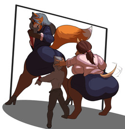 anthro bottomwear bound clothing dominant dominant_female face_in_ass face_on_butt faceless_character faceless_male female group hands_tied larger_female male office_lady shirtless_male simple_background size_difference skirt submissive submissive_male trio comisariomcnuggets canid canine fox human mammal hi_res