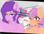 bedroom_eyes blush camera embarrassed female feral inner_ear_fluff jewelry looking_at_viewer narrowed_eyes open_mouth recording seductive simple_background teeth text tongue tongue_out tuft wings drawalaverr hasbro mlp_g5 my_little_pony mythology pipp_petals_(mlp) sunny_starscout_(mlp) zipp_storm_(mlp) earth_pony equid equine horse mammal mythological_creature mythological_equine pegasus pony absurd_res flat_colors hi_res