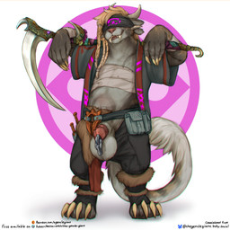 abdominal_bulge animal_genitalia anthro balls bladder_bulge blindfold braided_hair chain chest_binding_tape claws clothed clothing genitals gynomorph hair intersex melee_weapon partially_clothed penetration penis polearm scythe sheath smile solo sounding_beads standing tail text urethral urethral_penetration weapon weapon_over_shoulder the_gentle_giant guild_wars nix_(tekk) charr felid mammal 1:1 english_text hi_res url