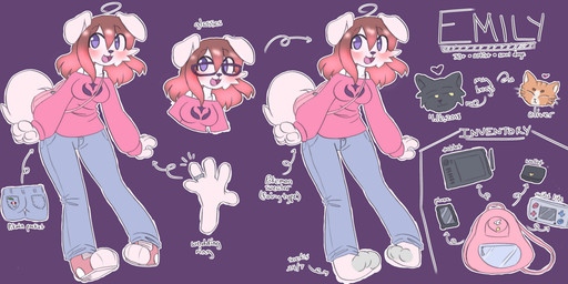 5_fingers ahoge anthro backpack big_breasts biped blush bottomwear breasts brown_hair butt cellphone clothed clothing denim denim_bottomwear denim_clothing digit_ring drawing_tablet electronics eyewear female fingers floppy_ears footwear game_console glasses gradient_hair hair jeans jewelry multicolored_hair open_mouth pants phone pigeon_toed pink_hair plantigrade pockets purple_eyes ring shoes sneakers socks solo standing sweater text topwear two_tone_hair wallet wedding_ring sinamuna nintendo nintendo_switch nintendo_switch_lite pikmin pokemon canid canine canis domestic_cat domestic_dog felid feline felis mammal absurd_res hi_res model_sheet