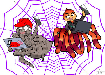 anthro clothed clothing computer duo electronics female fur holding_object laptop looking_at_another male open_mouth open_smile orange_body orange_fur simple_background smile square_crossover text white_background crisis1983 dreamworks scholastic the_bad_guys the_bad_guys_(book) ms._tarantula_(the_bad_guys) arachnid arthropod mygalomorph spider tarantula 2023 absurd_res full-length_portrait hi_res japanese_text portrait signature