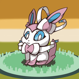 ambiguous_gender blue_body blue_eyes blue_fur bow_ribbon chibi feral fur grass pink_body pink_fur plant sitting solo white_body white_fur the_creacher nintendo pokemon eeveelution generation_6_pokemon mammal pokemon_(species) sylveon 1:1 absurd_res hi_res