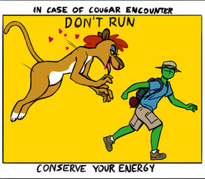 anthro backpack bottomwear clothed clothing duo female green_body hair hat headgear headwear heart_symbol hiking male nude parody pounce red_hair running_away shorts text tongue tongue_out warning_sign wide_hips yellow_body redout third-party_edit flaminhotcheatoes_(colorist) new_looney_tunes miss_cougar_(new_looney_tunes) cougar felid feline human mammal 2025 colored english_text hi_res