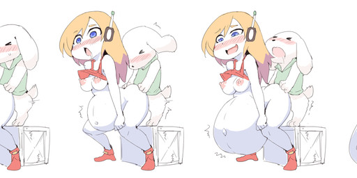 anthro base_one_layout basic_sequence belly big_belly blonde_hair blue_eyes blush bodily_fluids boots box breasts butt clothing container cum cum_inflation cum_inside duo female footwear four_frame_image four_frame_sequence genital_fluids hair hand_on_butt heart_symbol huge_belly hyper hyper_belly inflation linear_sequence machine male male/female mostly_nude nipples one_row_layout shirt shoes simple_background topwear white_background white_body wide_hips silver_bell cave_story colon_(cave_story) curly_brace android lagomorph mammal mimiga robot 2020 absurd_res digital_media_(artwork) hi_res sequence shaded