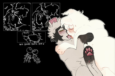 albino andromorph andromorph/male blue_eyes blush bodily_fluids bottom_growth death_play duo feral feral_on_feral floppy_ears folded_ears fur genitals green_eyes implied_frottage intersex intersex/male kissing making_out male male/male multicolored_body multicolored_fur pawpads paws penile_spines penis poison_play pupils raised_leg red_pupils ribs risky_sex saliva saliva_on_tongue saliva_string white_body white_fur yew_plant anglwshot warriors_(book_series) fan_character rabbitpaw_(anglwshot) domestic_cat felid feline felis mammal colored_sketch hi_res sketch trans_(lore) trans_man_(lore)