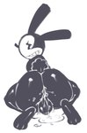 anthro anus balls big_butt black_balls black_body black_eyes black_fur black_penis bodily_fluids bubble_butt butt cum cum_drip cum_inside cum_on_butt cum_pool disney dripping fur genital_fluids genitals hi_res huge_butt kneeling lagomorph leporid looking_back looking_pleasured male mammal oswald_the_lucky_rabbit penis rabbit saltomo simple_background smile smiling_at_viewer solo tail teapot_(body_type) thick_thighs white_background white_body white_fur