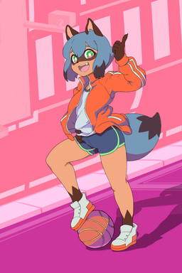 anthro ball basketball_(ball) black_body black_fur black_hair blue_body blue_eyes blue_fur blue_hair bottomwear brown_body brown_fur clothed clothing contrapposto dolphin_shorts female fluffy fluffy_tail footwear fur hair hand_on_hip jacket multicolored_body multicolored_fur multicolored_hair open_mouth open_smile shoes short_hair shorts smile solo tail topwear rapel brand_new_animal studio_trigger michiru_kagemori canid canine mammal raccoon_dog tanuki 2020 2:3 digital_media_(artwork) hi_res