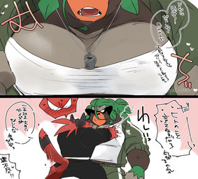anthro barazoku big_muscles big_pecs black_nose blush blush_lines bodily_fluids clothed clothing dialogue dog_tags duo huge_pecs male masculine muscular pec_grab pecs pecs_focus red_tail shirt sweat tail tail_motion tailwag text topwear whistle_(object) white_clothing white_shirt white_topwear hyaku_(artist) nintendo pokemon generation_7_pokemon generation_8_pokemon incineroar pokemon_(species) rillaboom 2022 colored comic hi_res japanese_text signature translation_request