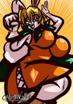 anthro big_breasts big_gloves blonde_hair breasts brown_clothing brown_eyes brown_footwear brown_shoes cape clothing dress ears_up female footwear fur gloves green_cape green_clothing hair handwear huge_breasts low-angle_view open_hand orange_clothing orange_dress paw_gloves pink_nose pose scut_tail shoes short_hair short_tail simple_background smile solo tail thick_thighs white_body white_fur white_glove wide_hips cabimangaka one_piece carrot_(one_piece) lagomorph leporid mammal rabbit absurd_res hi_res shaded signature