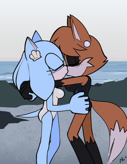 anthro beach big_breasts blush blush_lines breasts clothing duo eyes_closed female female/female hand_on_partner's_hip kiss_on_lips kissing latex latex_swimsuit one-piece_swimsuit romantic romantic_ambiance romantic_couple seaside swimwear lettuce_(artist) sega sonic_the_hedgehog_(series) fan_character honeydew_(lettuce) lilac_the_maned_wolf canid canine canis eulipotyphlan hedgehog mammal maned_wolf wolf 2026 absurd_res hi_res