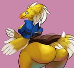 anthro beak big_butt blue_clothing blue_eyes breasts butt cheek_tuft clothed clothing curvy_anthro curvy_female curvy_figure dipstick_feathers facial_tuft feather_hair feathered_crest feathers female head_crest huge_butt huge_thighs jacket looking_at_viewer looking_back looking_back_at_viewer looking_down low-angle_view mount non-mammal_breasts presenting presenting_hindquarters pseudo_hair saddle simple_background small_waist smile smiling_at_viewer solo tail tail_feathers thick_thighs topwear tuft wide_hips winged_arms wings yellow_body yellow_feathers robomax final_fantasy square_enix wednesday_(robomax) avian bird chocobo absurd_res hi_res portrait three-quarter_portrait