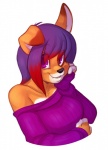 anthro bare_shoulders big_breasts black_nose breasts clothed clothing fangs female fur hair happy looking_at_viewer multicolored_hair off_shoulder orange_body orange_fur purple_eyes purple_hair simple_background smile solo sweater teeth topwear two_tone_hair white_background buxbi fyxe canid canine mammal