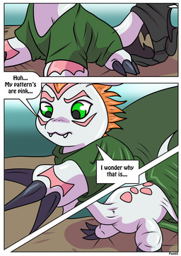 ambiguous_gender claws clothing gender_transformation green_eyes shrinking size_transformation solo text transformation rex_equinox bandai_namco digimon aquatic digimon_(species) gomamon human mammal pinniped comic english_text hi_res