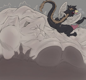 4_toes balls beak big_balls big_butt black_body blush bodily_fluids breath brown_tail_tuft butt claws cock_vore cum feet feral feral_pred genital_fluids genitals grey_background grey_balls grey_wings huge_balls hyper hyper_balls hyper_genitalia looking_back looking_pleasured mass_vore multicolored_body multiple_prey non-mammal_balls open_beak open_mouth panting penile penis pink_penis pink_tongue red_eyes simple_background size_difference smaller_pred struggling struggling_prey sweat tail tail_tuft tan_beak toes tongue tongue_out tuft vore white_claws wings .f_9578 mythology avian gryphon mythological_avian mythological_creature hi_res