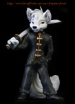 anthro clothed clothing fully_clothed fur male melee_weapon sculpture solo statue suit sword tail text uniform weapon white_body white_fur forgottenforest alps canid canine fox mammal url