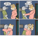 anthro clothed clothing dialogue duo evil_eyes evil_grin female hoodie humor lies looking_at_viewer shirt smile speech_bubble text toothy_grin topwear kleowolfy thriller_(music_video) avian bird canid canine canis domestic_dog mammal comic english_text hi_res meme multiple_images