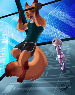 anthro athletic biceps blush bottomwear clothed clothing crop_top exercise female fur green_eyes grey_body grey_fur group gym male muscular orange_body orange_fur pull-up_(exercise) purple_eyes shirt shorts simple_background topwear vest thewinterbunny disney zootopia judy_hopps nick_wilde canid canine fox lagomorph leporid mammal rabbit red_fox true_fox 2017 absurd_res hi_res
