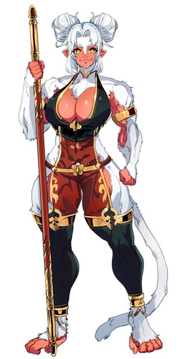 anthro breasts clothed clothing female fur hair hair_bun looking_at_viewer melee_weapon muscular muscular_female simple_background smile solo staff standing tail twin_buns weapon white_body white_fur white_hair yellow_eyes eric_martin haplorhine mammal monkey primate hi_res