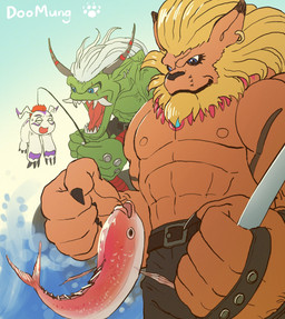 abs anthro belt blue_eyes bottomwear clothed clothing duo ear_piercing feral fishing horn male nipples pants piercing scar sea smile topless water doomung_doodler bandai_namco digimon aquatic digimon_(species) fish gomamon leomon ogremon hi_res