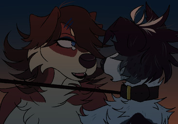 accessory anthro big_breasts breasts collar duo female female/female floppy_ears fluffy fur fur_tuft hair hair_accessory hairpin half-closed_eyes leash leash_pull leashed_collar long_fur long_hair looking_at_another moody_lighting multicolored_body multicolored_fur narrowed_eyes nude on_leash one_eye_visible open_mouth shaggy_fur tension tuft justdylanfr ellie_(justdylanfr) rhea_(justdylanfr) border_collie canid canine canis collie domestic_dog herding_dog hovawart mammal pastoral_dog sheepdog hi_res